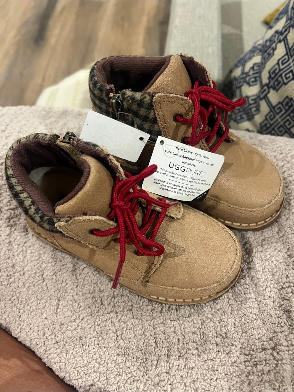 UGG Kids Tan Suede Boots with Red Laces